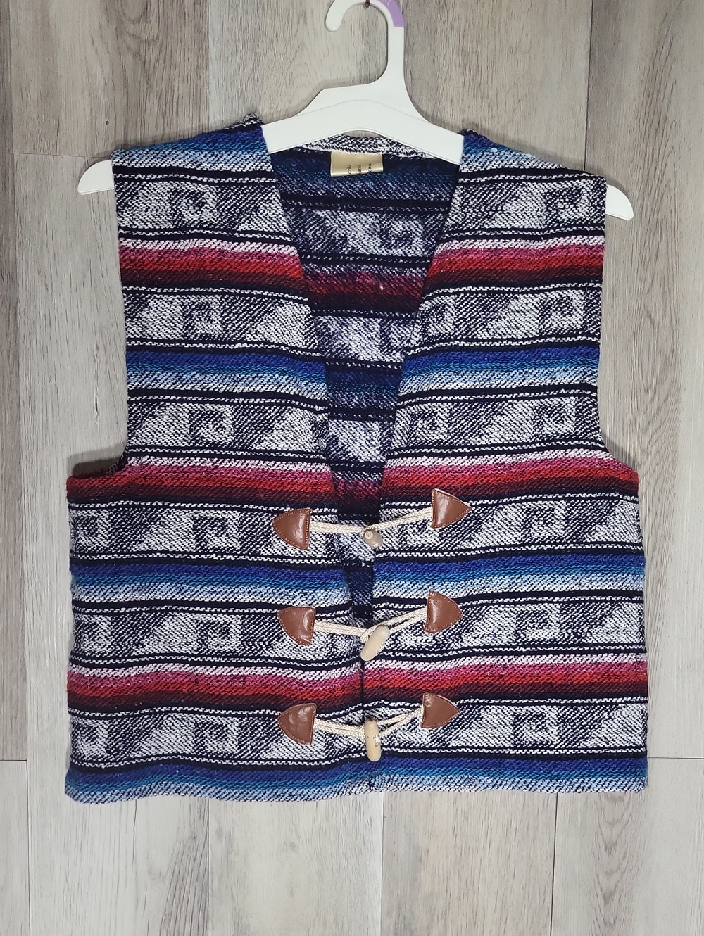 Vintage Mexican Made in Mexico Southwestern Striped Toggle Vest L Boho Folk